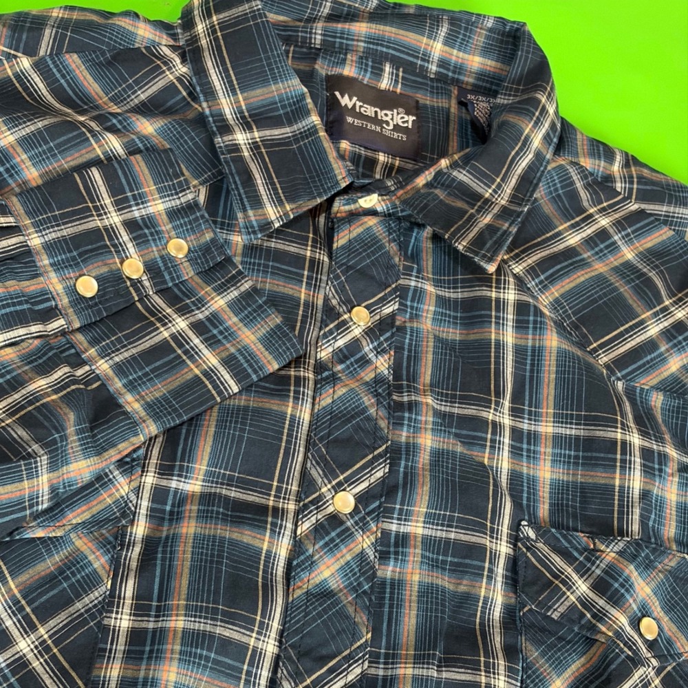 Wrangler Western Pearl Snap Shirt Mens 3X Blue Plaid L/S Big Cowboy Ranch Rodeo